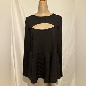 2XL SHEIN black stretchy ribbed peplum long sleeved top with keyhole neckline